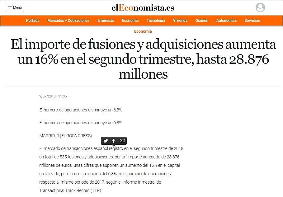 El importe de fusiones y adquisiciones aumenta un 16% en el segundo trimestre, hasta 28.876 millones